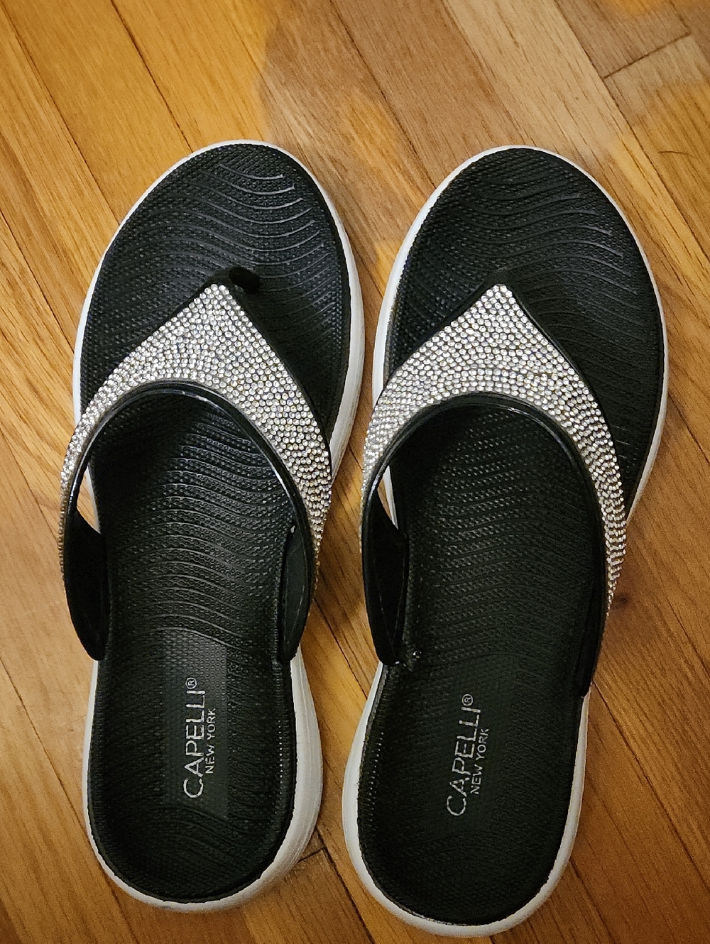 Capelli of New York Black and Silver Rhinestone Thong Sandals